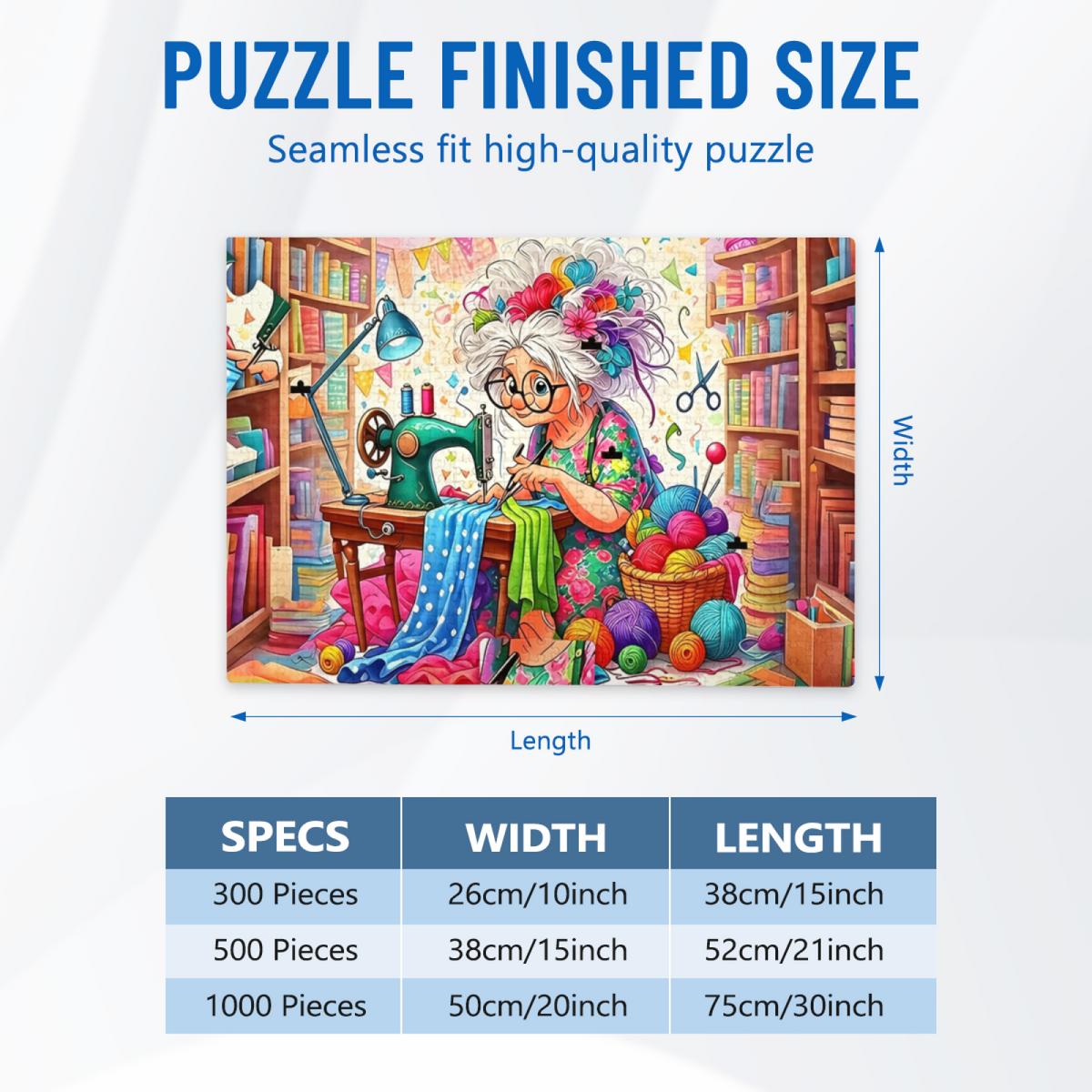 Crafty Grandma Full Of Yarn & Sewing Supplies Whimsical Art Puzzle | 300/500/1000 Pieces