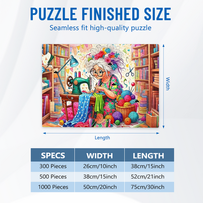 Crafty Grandma Full Of Yarn & Sewing Supplies Whimsical Art Puzzle | 300/500/1000 Pieces