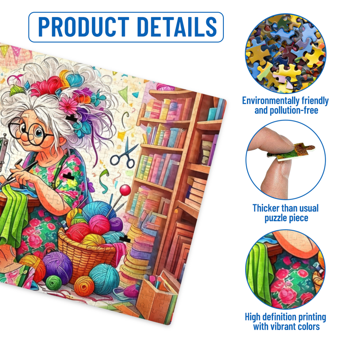 Crafty Grandma Full Of Yarn & Sewing Supplies Whimsical Art Puzzle | 300/500/1000 Pieces