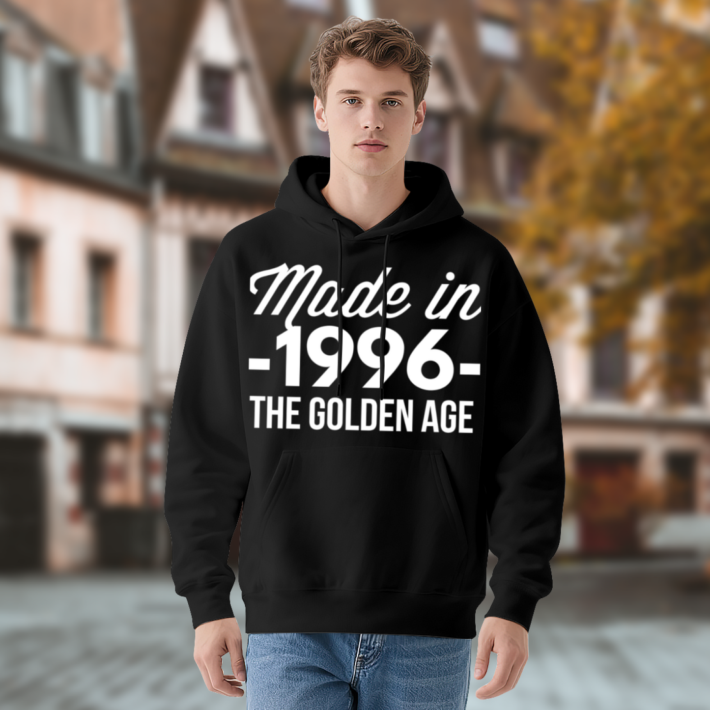 Born In 1996 Golden Age Birthday Hoodie, Unisex Cozy Vintage Black Pullover Hoodie