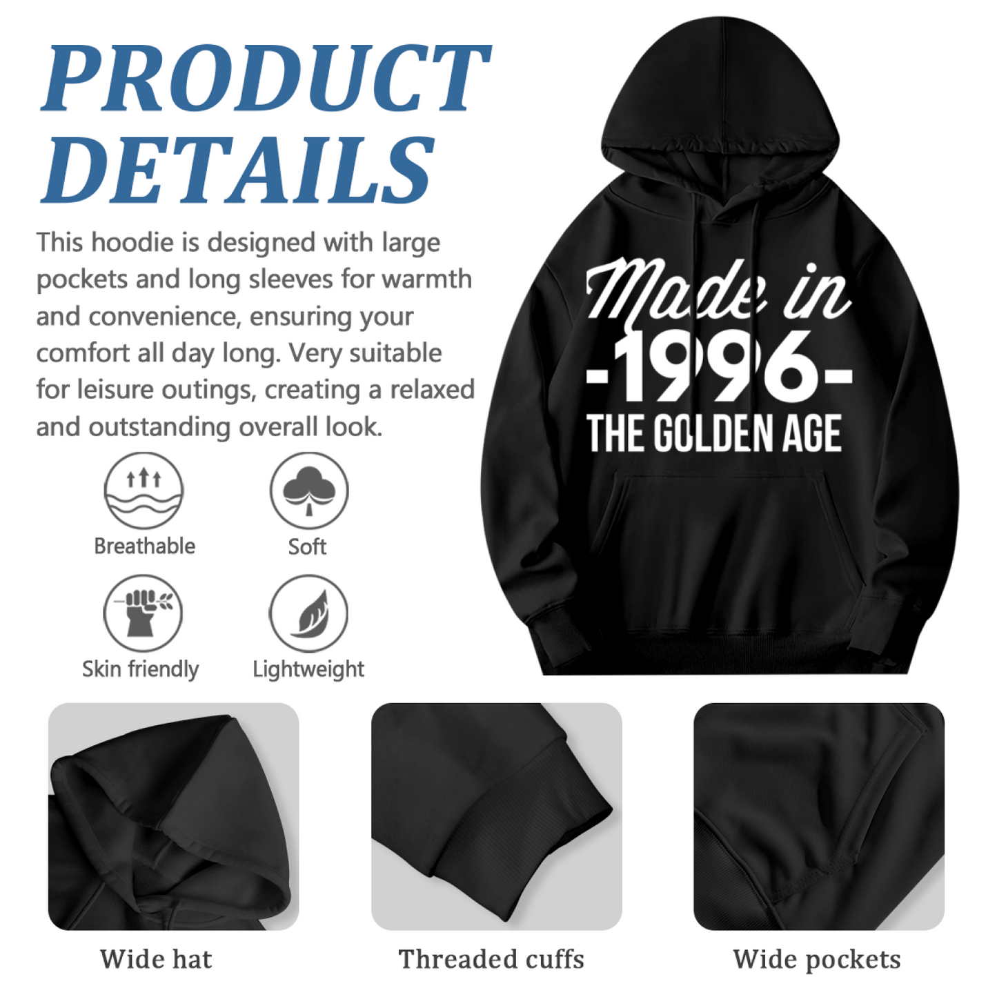 Born In 1996 Golden Age Birthday Hoodie, Unisex Cozy Vintage Black Pullover Hoodie