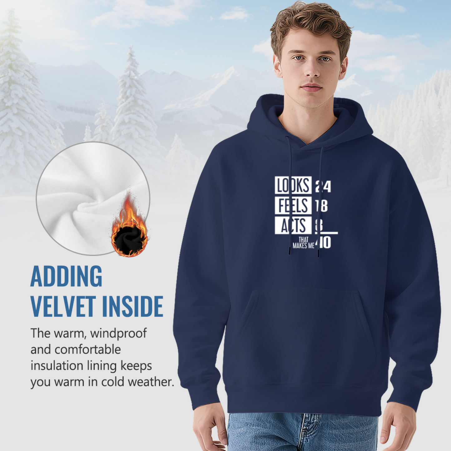 Funny Age Quote LOOKS FEELS ACTS Navy Hoodie, Men Comfort Casual Hoodie