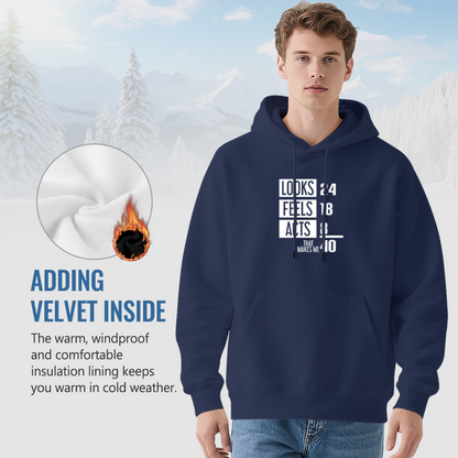 Funny Age Quote LOOKS FEELS ACTS Navy Hoodie, Men Comfort Casual Hoodie