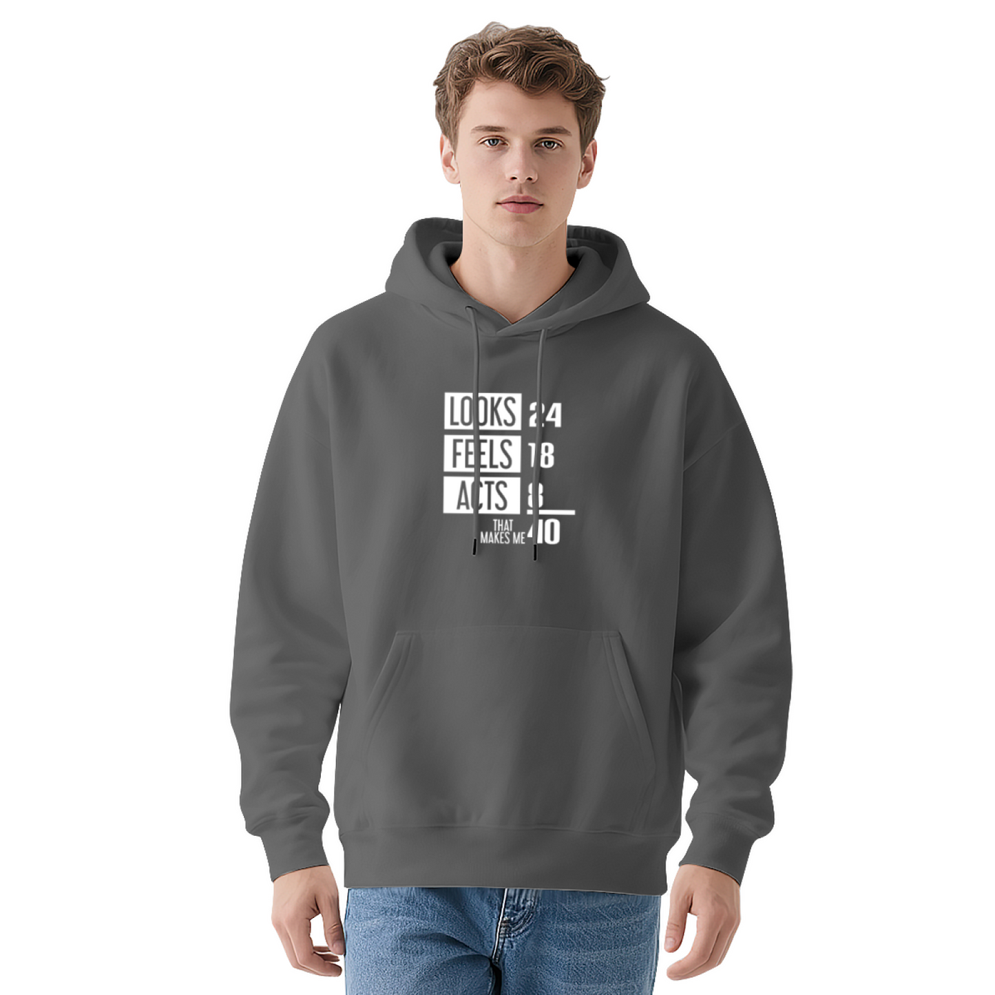 Funny Age Quote LOOKS FEELS ACTS Navy Hoodie, Men Comfort Casual Hoodie