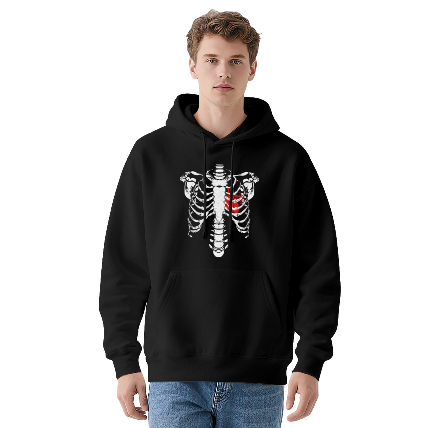 Skeleton Ribcage Red Heart Gothic Hoodie, Soft Dark Aesthetic Fit