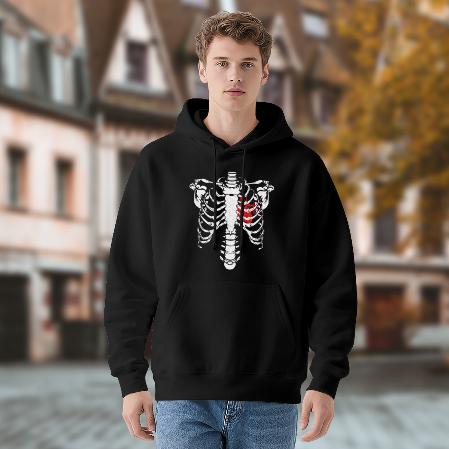 Skeleton Ribcage Red Heart Gothic Hoodie, Soft Dark Aesthetic Fit