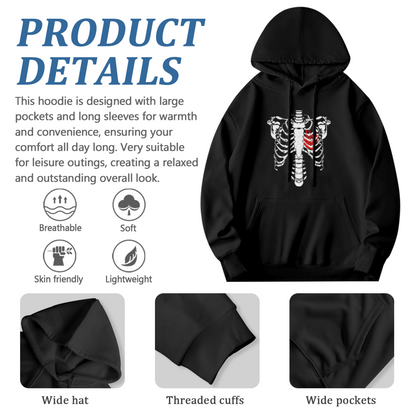 Skeleton Ribcage Red Heart Gothic Hoodie, Soft Dark Aesthetic Fit