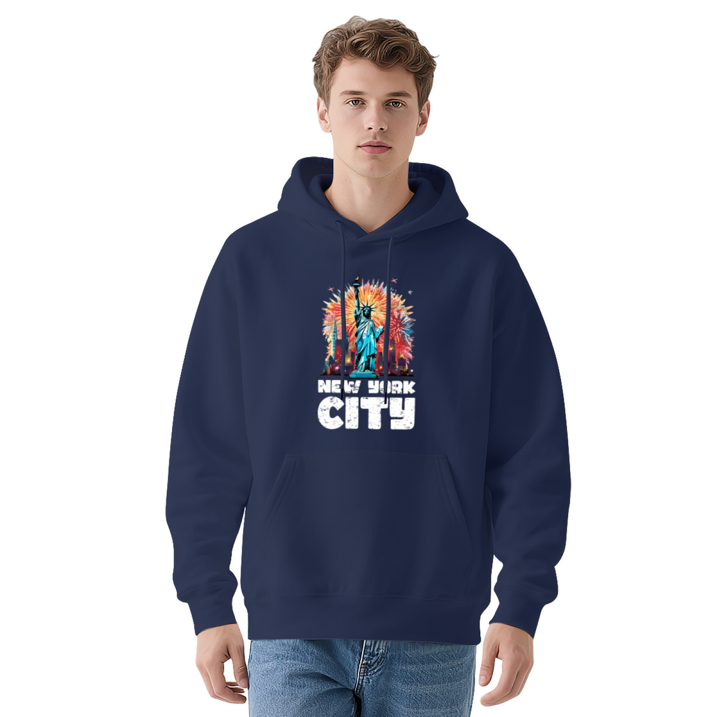 Vintage NYC Statue Of Liberty Fireworks Navy Hoodie, Cozy Casual Daily Wear