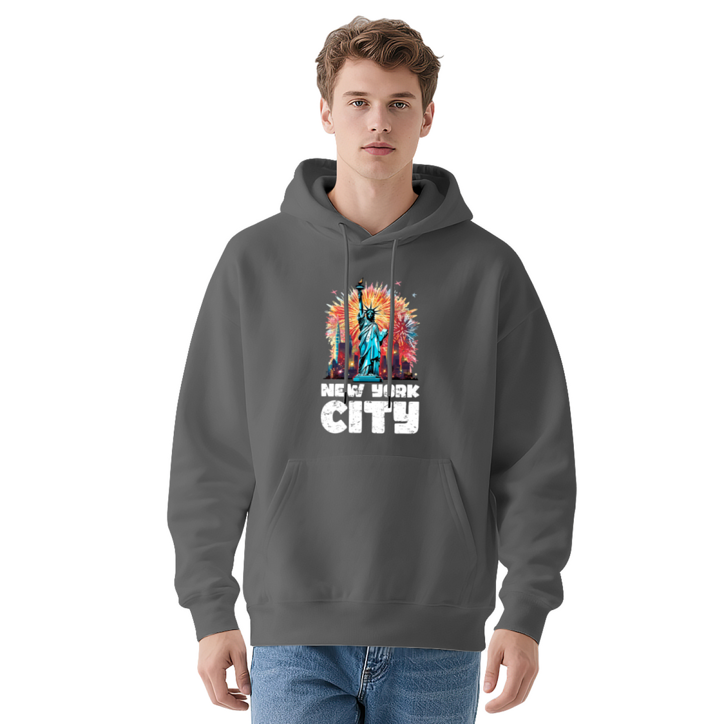 Vintage NYC Statue Of Liberty Fireworks Navy Hoodie, Cozy Casual Daily Wear
