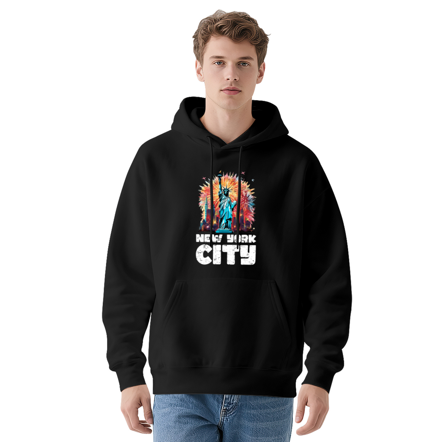 Vintage NYC Statue Of Liberty Fireworks Navy Hoodie, Cozy Casual Daily Wear