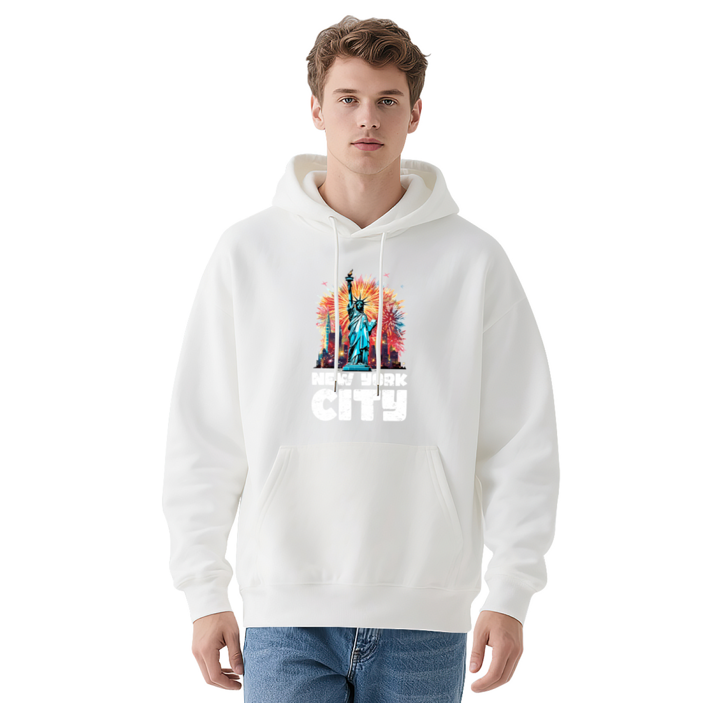 Vintage NYC Statue Of Liberty Fireworks Navy Hoodie, Cozy Casual Daily Wear
