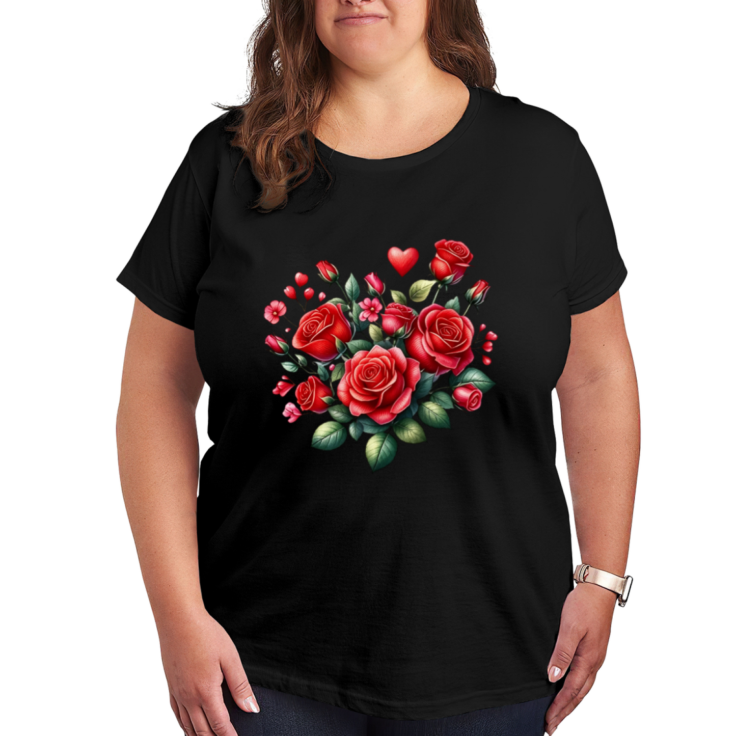 Romantic Red Rose & Heart Bouquet Design Plus Size Women Printed T-Shirt