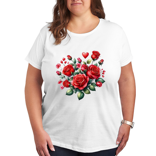 Romantic Red Rose & Heart Bouquet Design Plus Size Women Printed T-Shirt