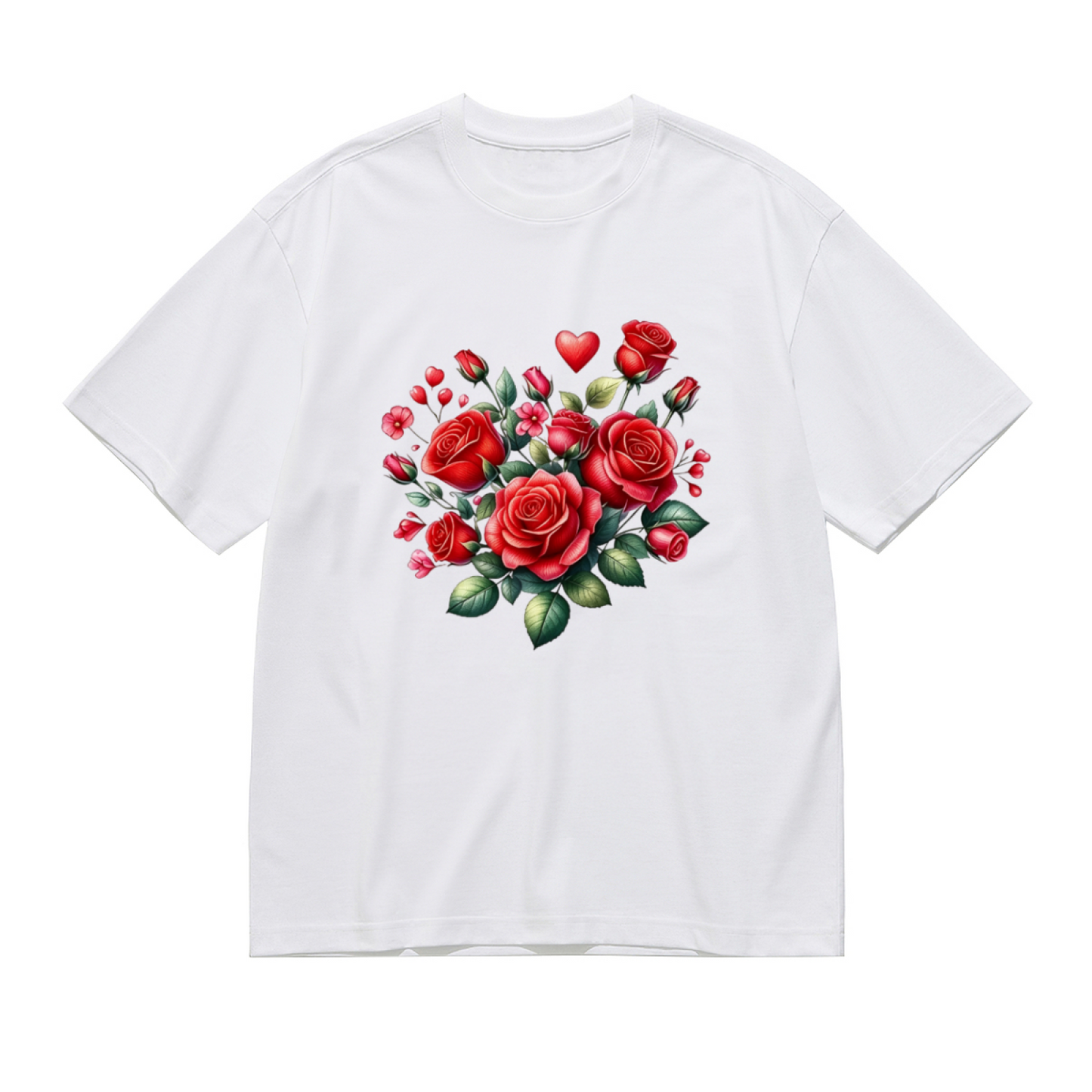 Romantic Red Rose & Heart Bouquet Design Plus Size Women Printed T-Shirt