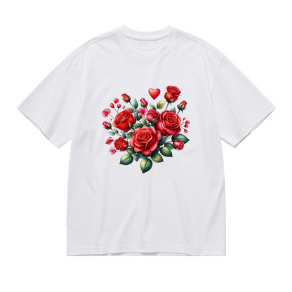 Romantic Red Rose & Heart Bouquet Design Plus Size Women Printed T-Shirt