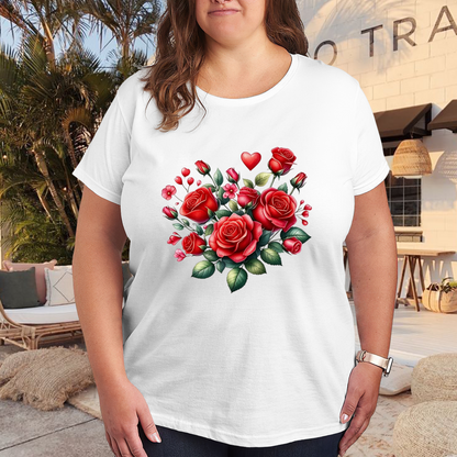 Romantic Red Rose & Heart Bouquet Design Plus Size Women Printed T-Shirt