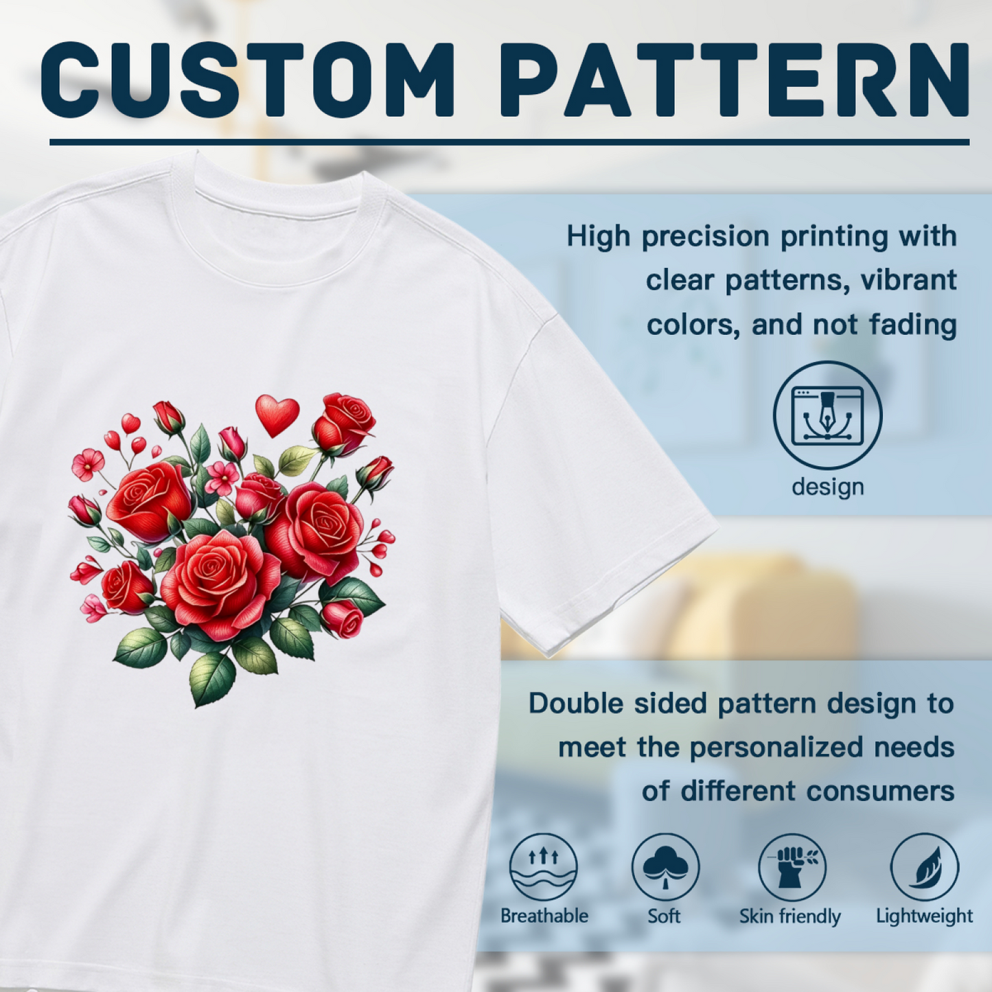 Romantic Red Rose & Heart Bouquet Design Plus Size Women Printed T-Shirt