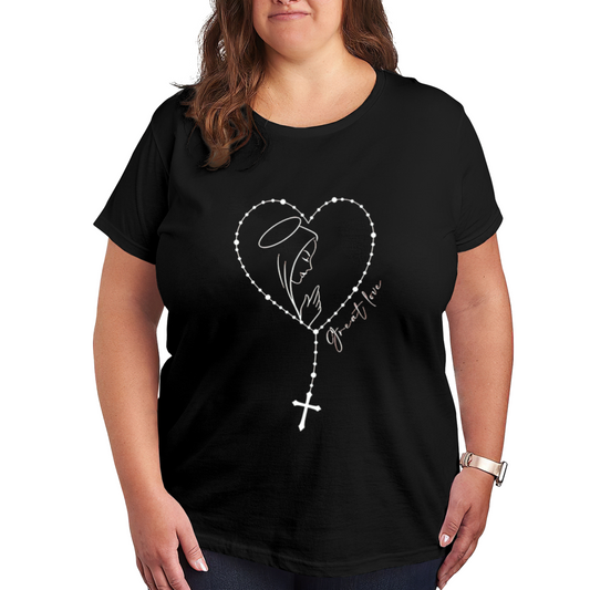 Sacred Virgin Mary Heart Rosary Cross Faith Plus Size Women Printed T-Shirt