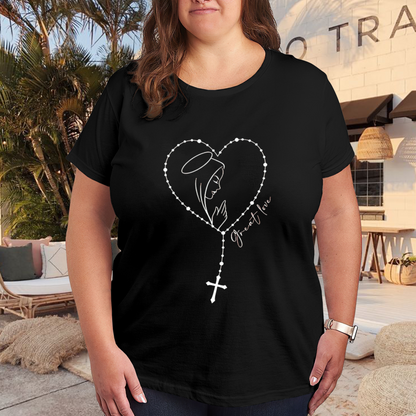 Sacred Virgin Mary Heart Rosary Cross Faith Plus Size Women Printed T-Shirt