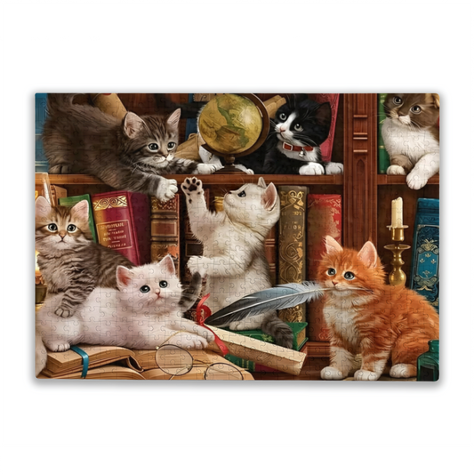 Mischievous Kittens Playing On Antique Bookshelf Cat Lovers Puzzle | 300/500/1000 Pieces