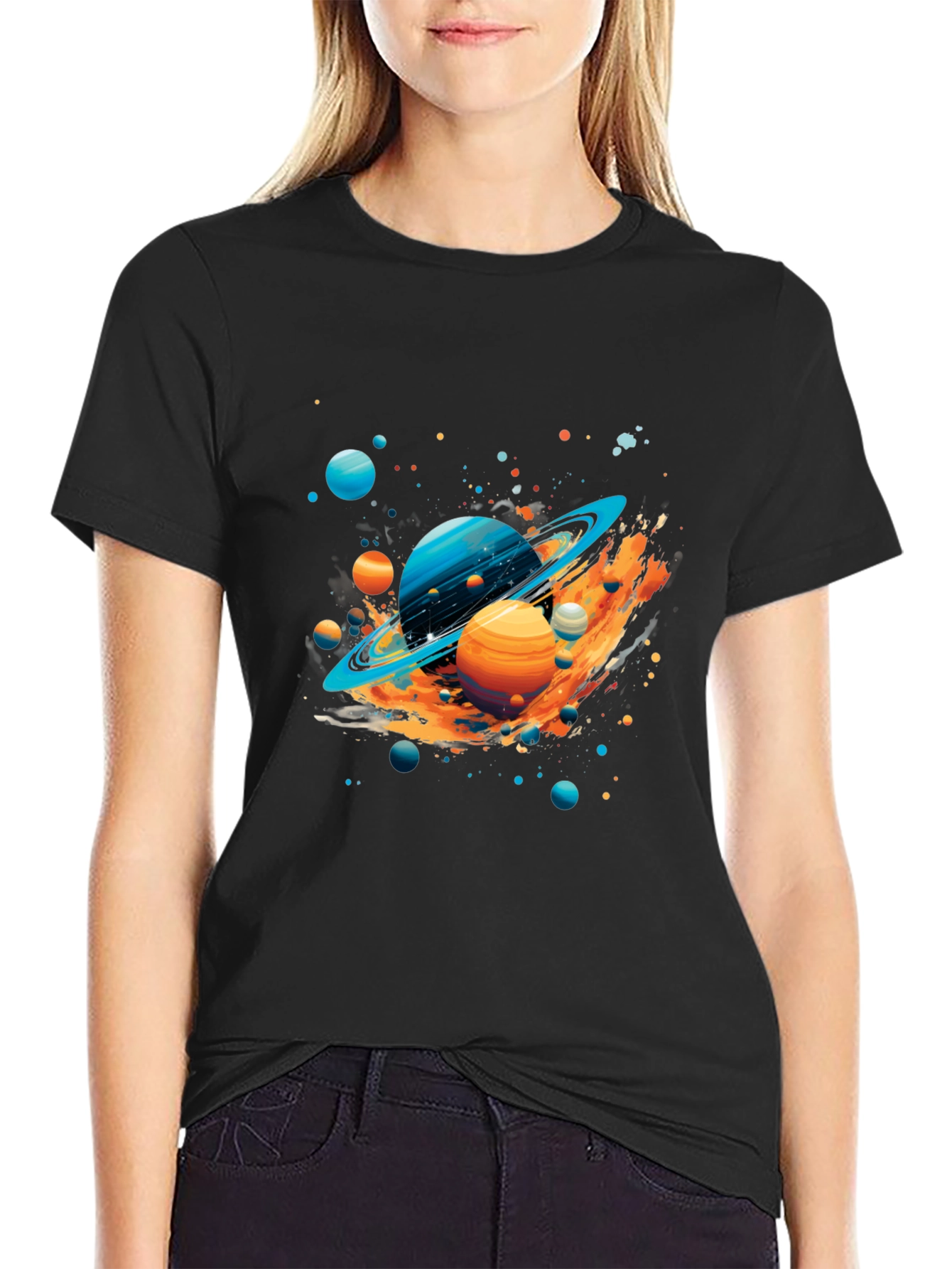 Galaxy Planets Graphic Print Black T-Shirt