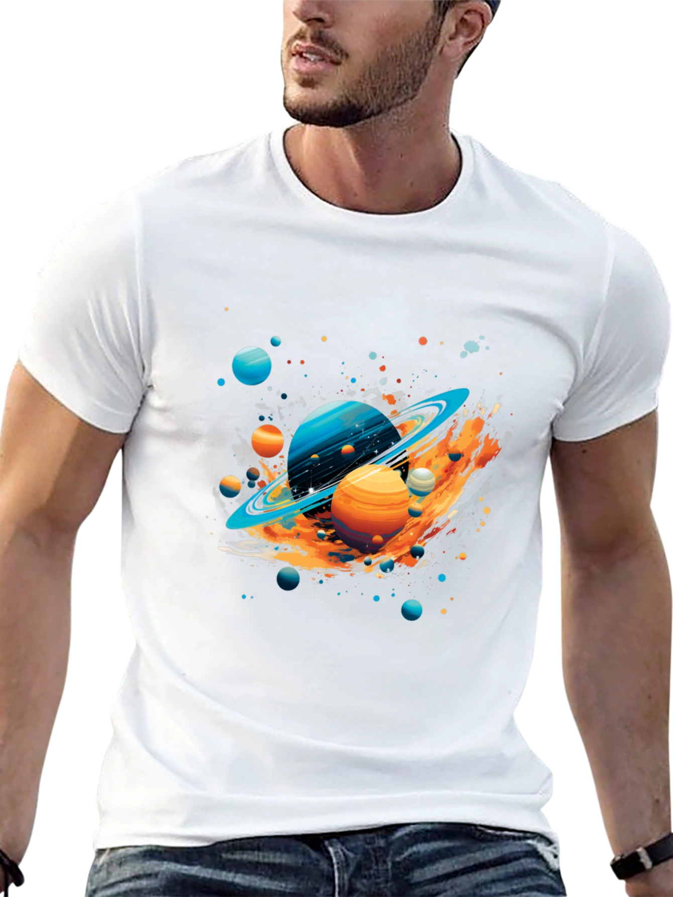 Galaxy Planets Graphic Print Black T-Shirt