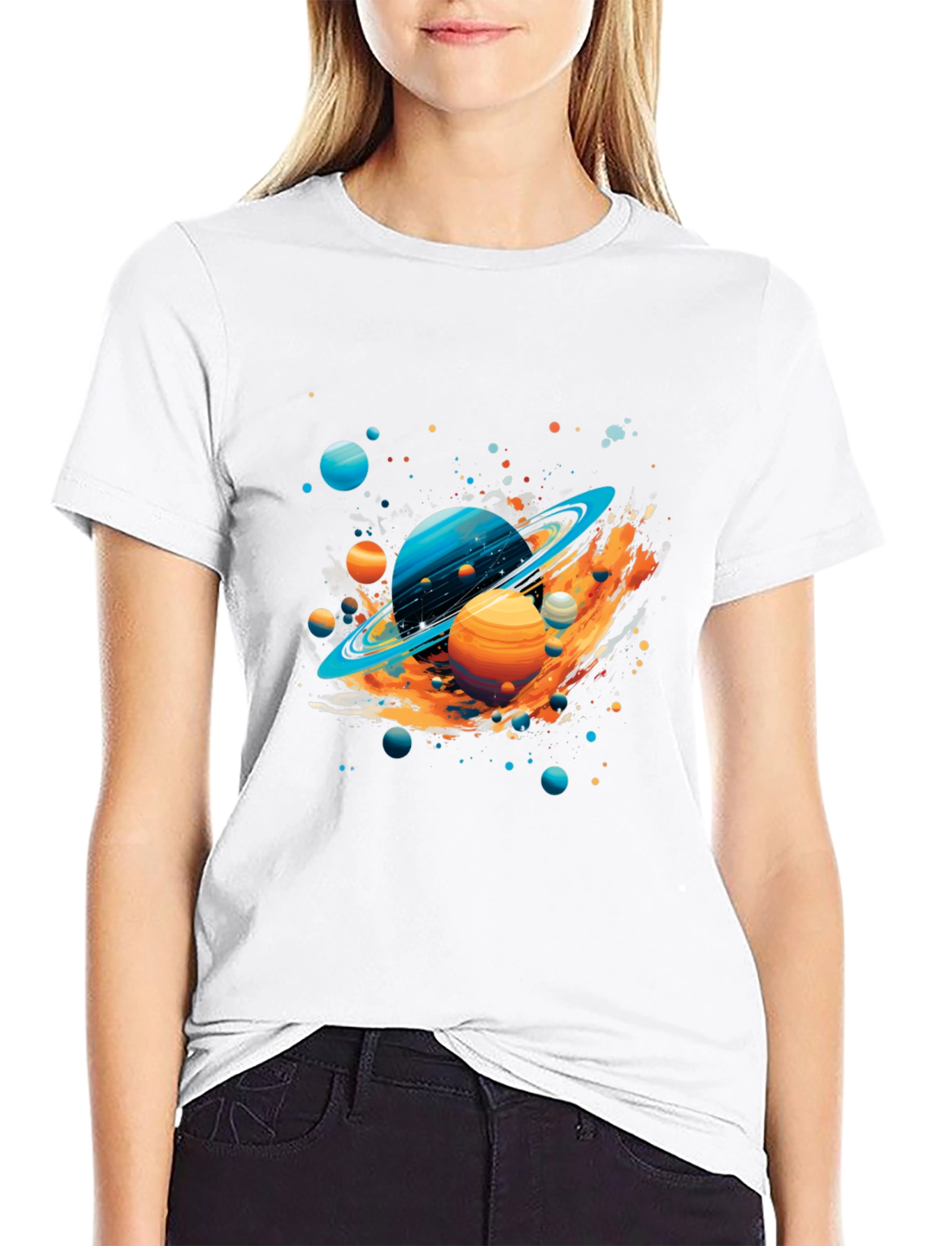 Galaxy Planets Graphic Print Black T-Shirt