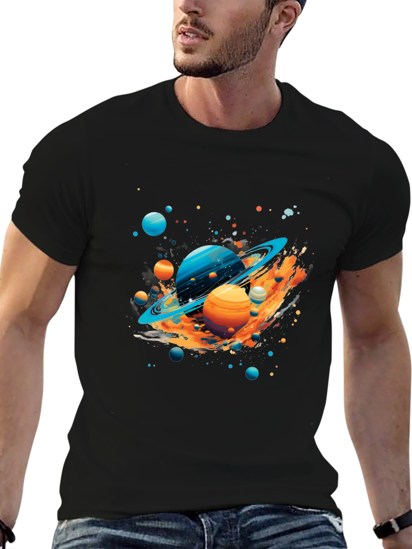 Galaxy Planets Graphic Print Black T-Shirt