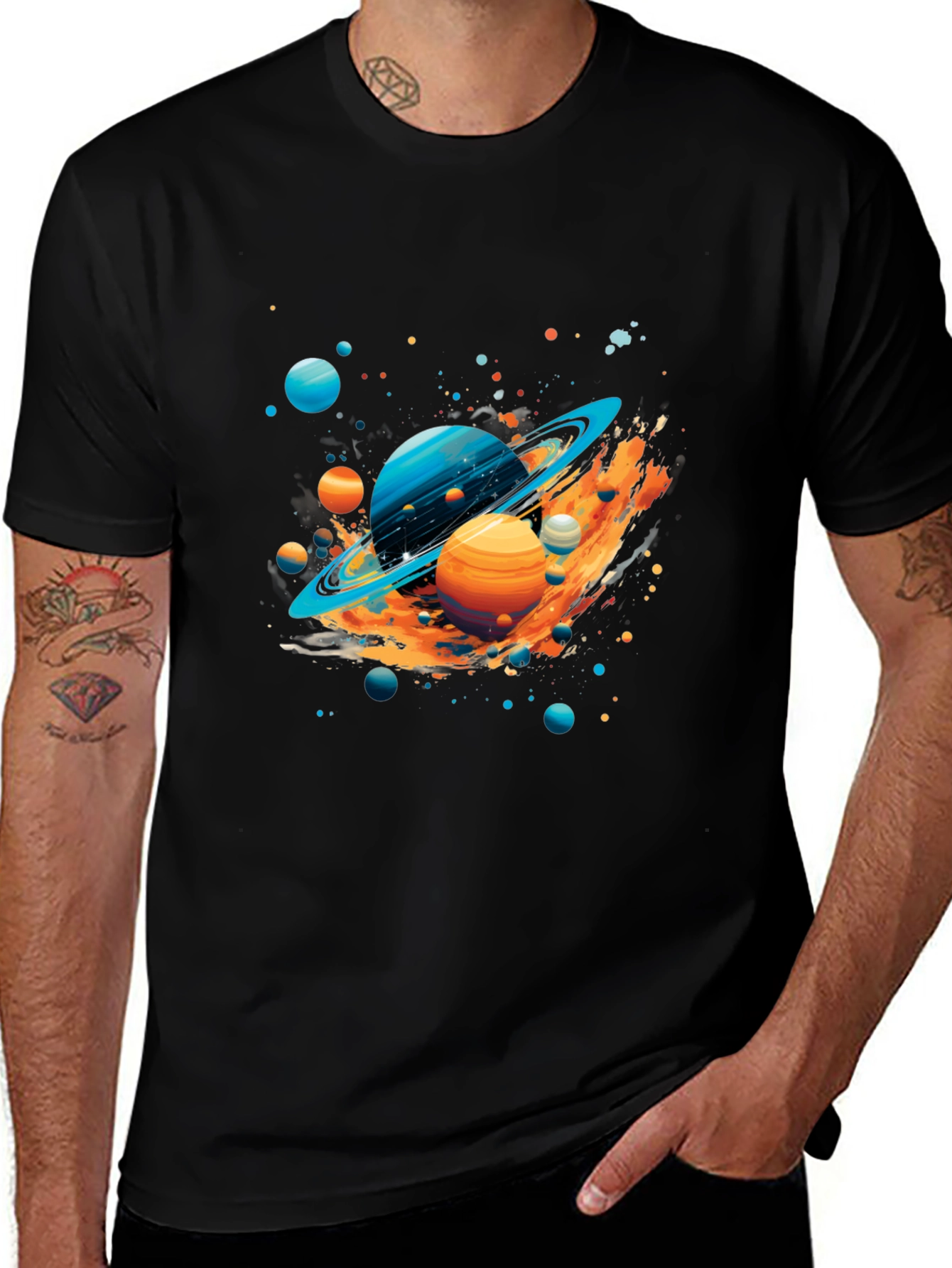 Galaxy Planets Graphic Print Black T-Shirt