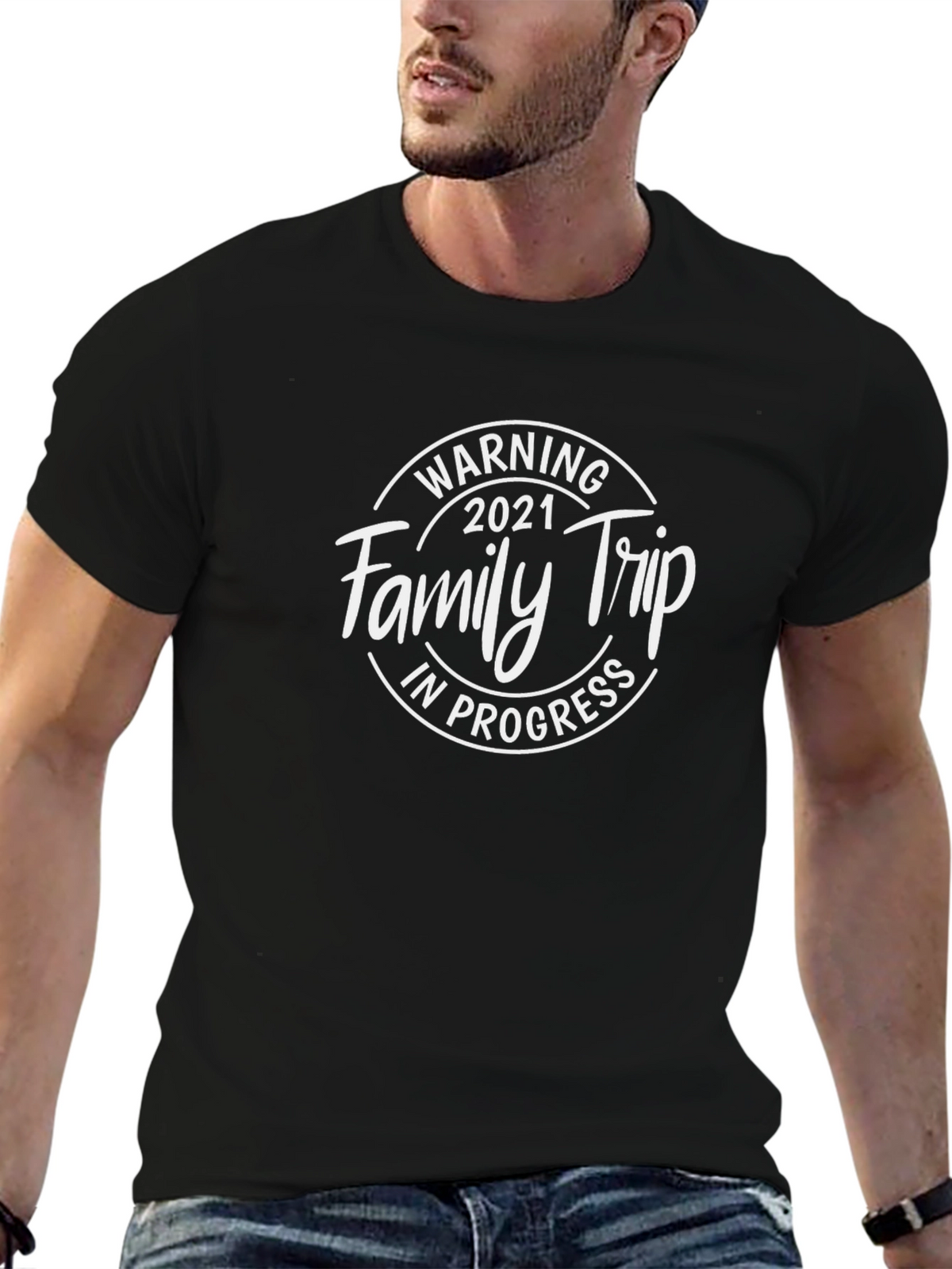 Family Trip 2021 T-Shirt - Black Crew Neck Tee