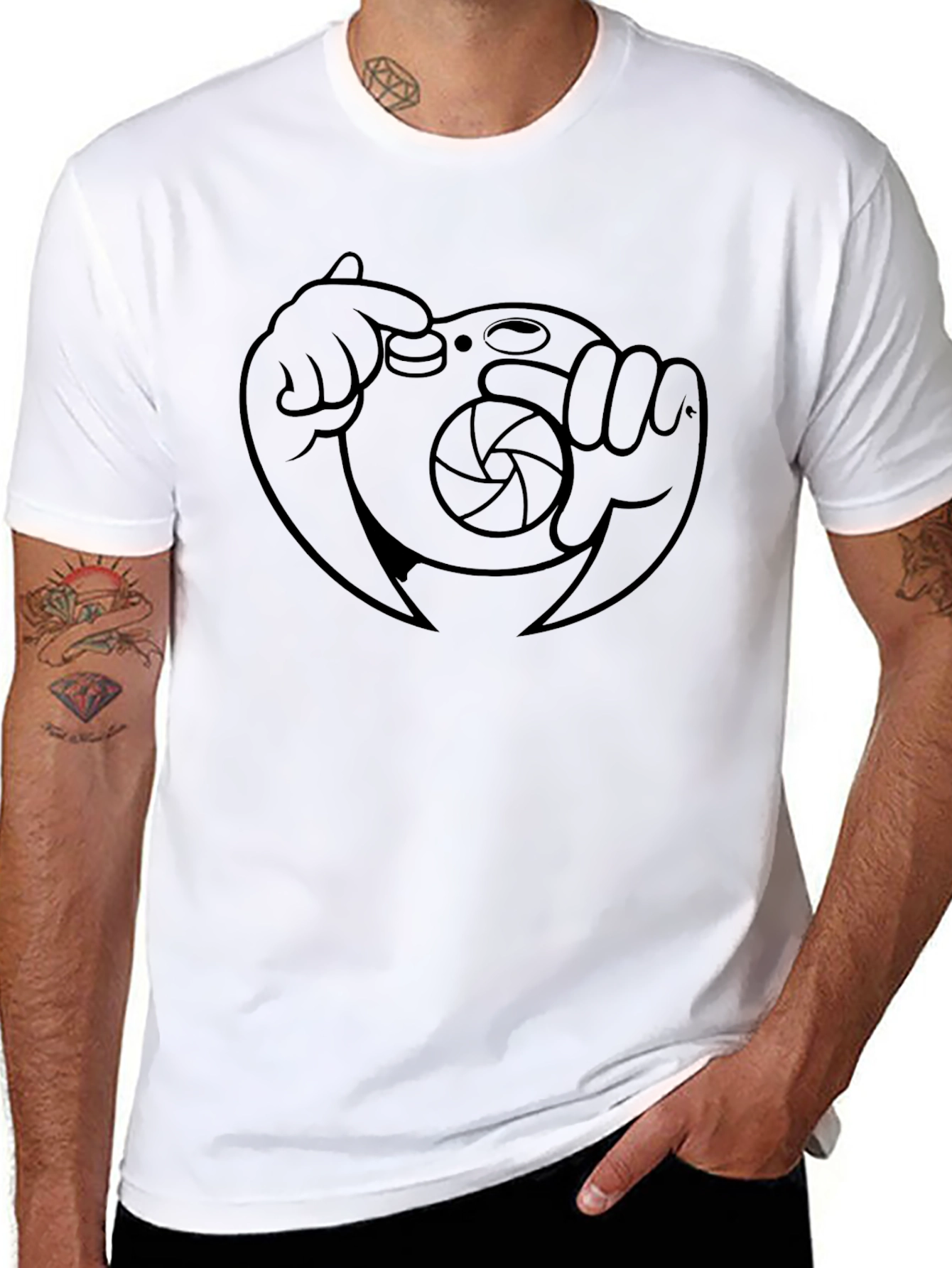 Cartoon Camera Graphic Tee - Black Cotton Blend