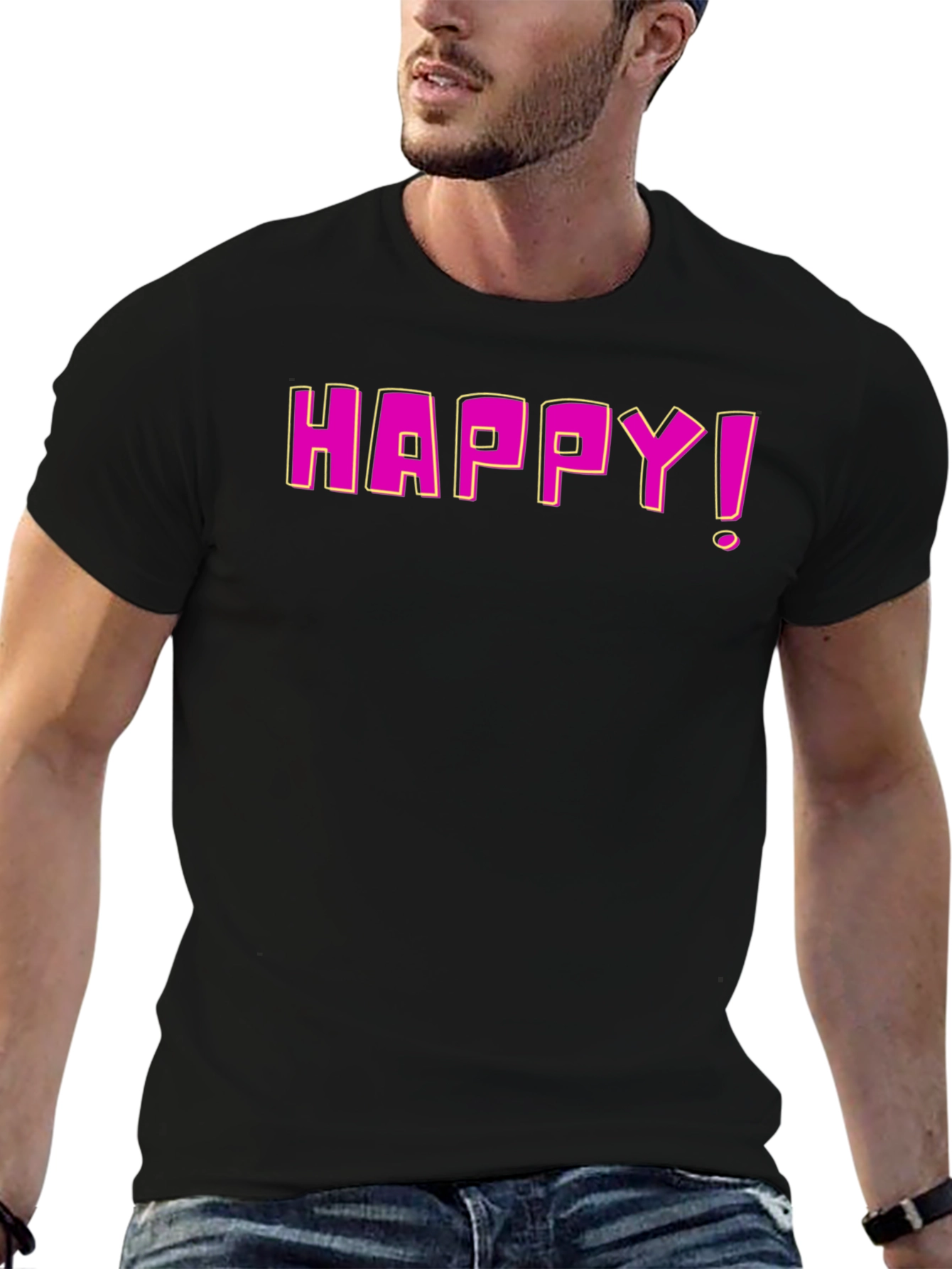 Happy Graphic Print Black T-Shirt