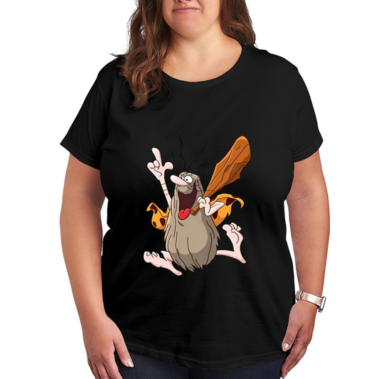 Retro Captain Caveman Cartoon Black Plus Size Ladies Tee