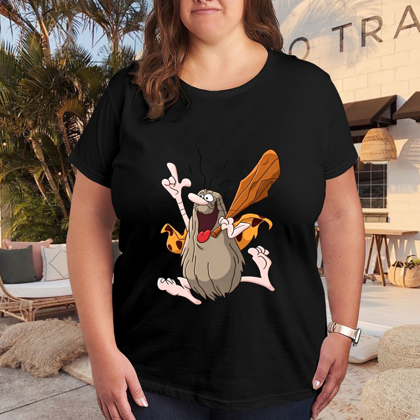 Retro Captain Caveman Cartoon Black Plus Size Ladies Tee