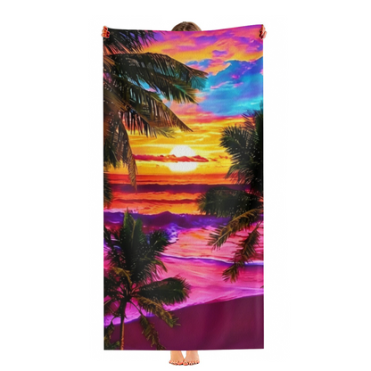 Dreamy Neon Palm Tree Sunset Beach Towel, Fluffy Cozy & Fast Absorbing Water Towel, Various Lengths Optional, Ideal Soft Blanket for Beach Trip Swimming Spa