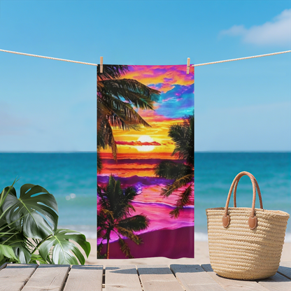 Dreamy Neon Palm Tree Sunset Beach Towel, Fluffy Cozy & Fast Absorbing Water Towel, Various Lengths Optional, Ideal Soft Blanket for Beach Trip Swimming Spa