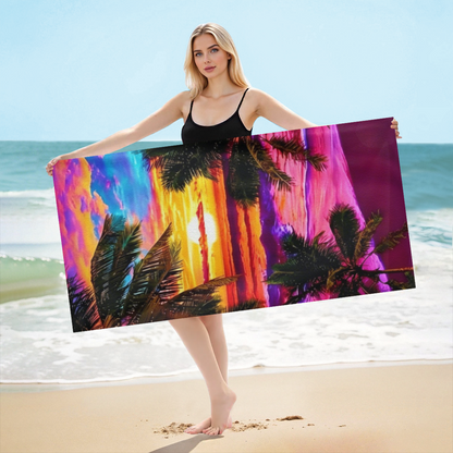 Dreamy Neon Palm Tree Sunset Beach Towel, Fluffy Cozy & Fast Absorbing Water Towel, Various Lengths Optional, Ideal Soft Blanket for Beach Trip Swimming Spa