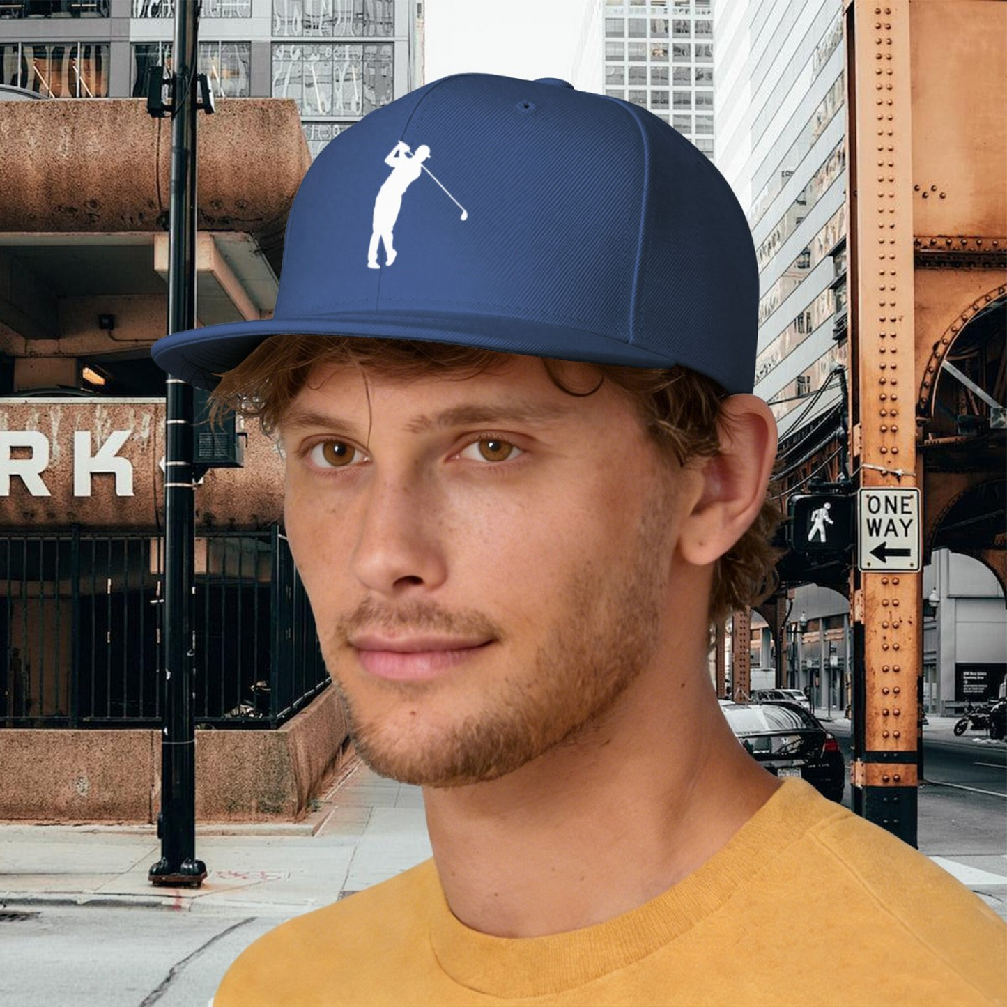 Golfer Swing Silhouette Minimal Blue Flat Brim Sports Cap