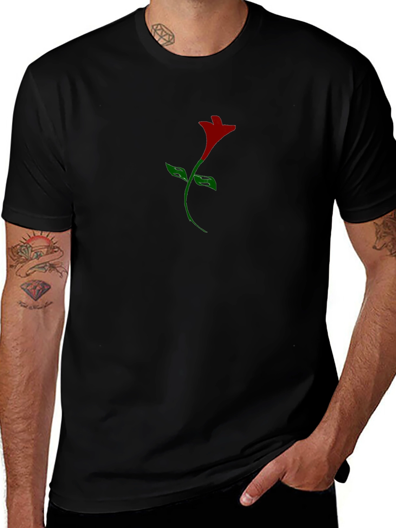 Mens Black T-Shirt with Rose Graphic Print