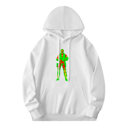 Cool Thermal Vision Soldier Print White Hoodie, Men Comfort Street Sweatshirt