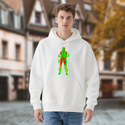 Cool Thermal Vision Soldier Print White Hoodie, Men Comfort Street Sweatshirt
