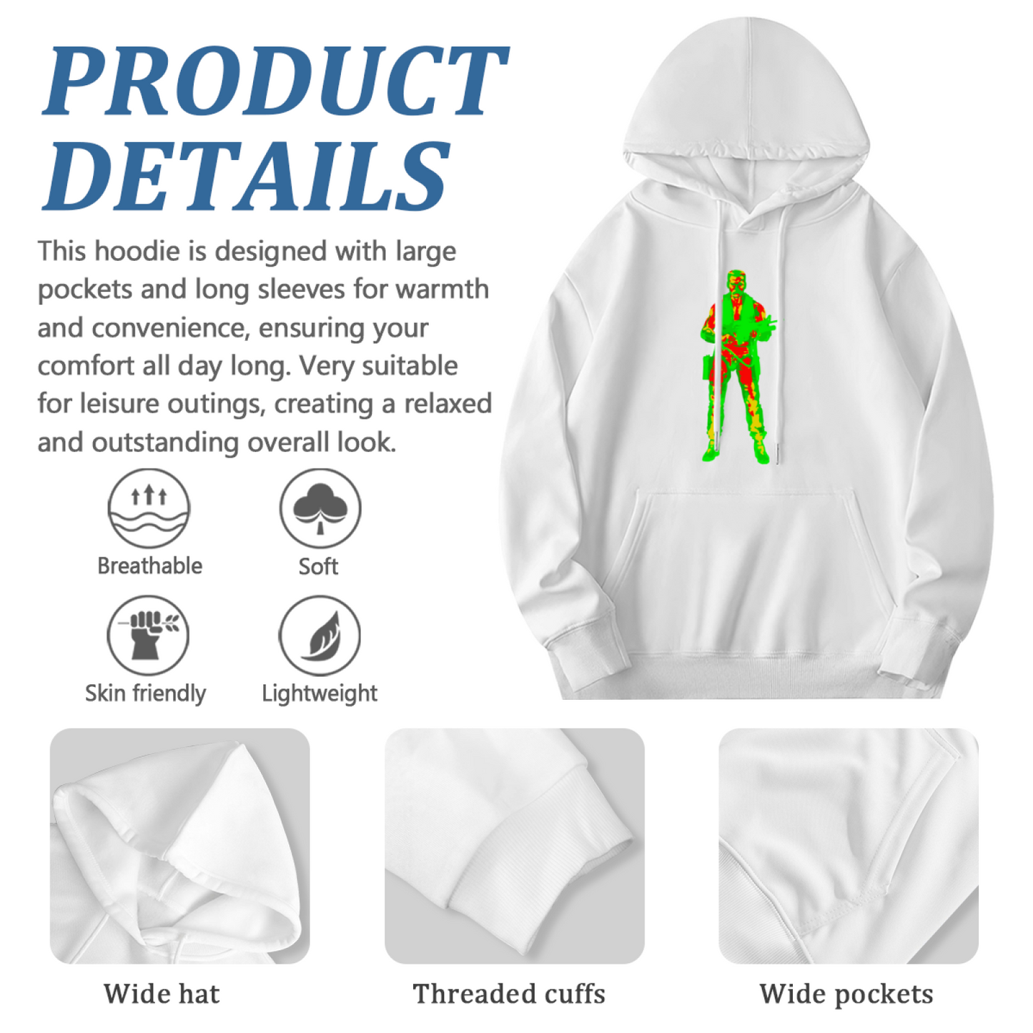 Cool Thermal Vision Soldier Print White Hoodie, Men Comfort Street Sweatshirt