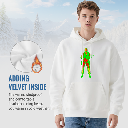 Cool Thermal Vision Soldier Print White Hoodie, Men Comfort Street Sweatshirt