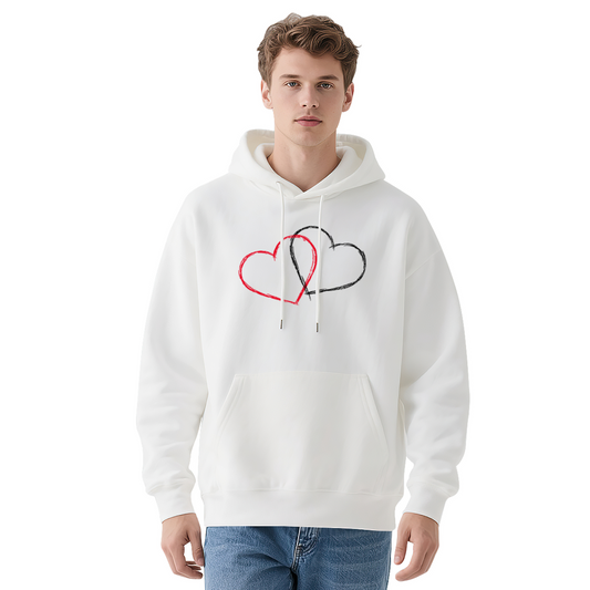 Intertwined Red Black Sketch Hearts White Hoodie, Soft Couple Casual Top