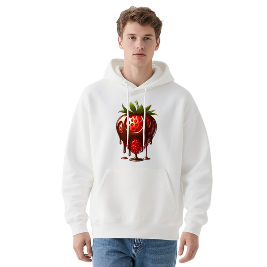 Cute Dripping Chocolate Strawberry White Hoodie, Soft Comfort Sweet Daily Wear