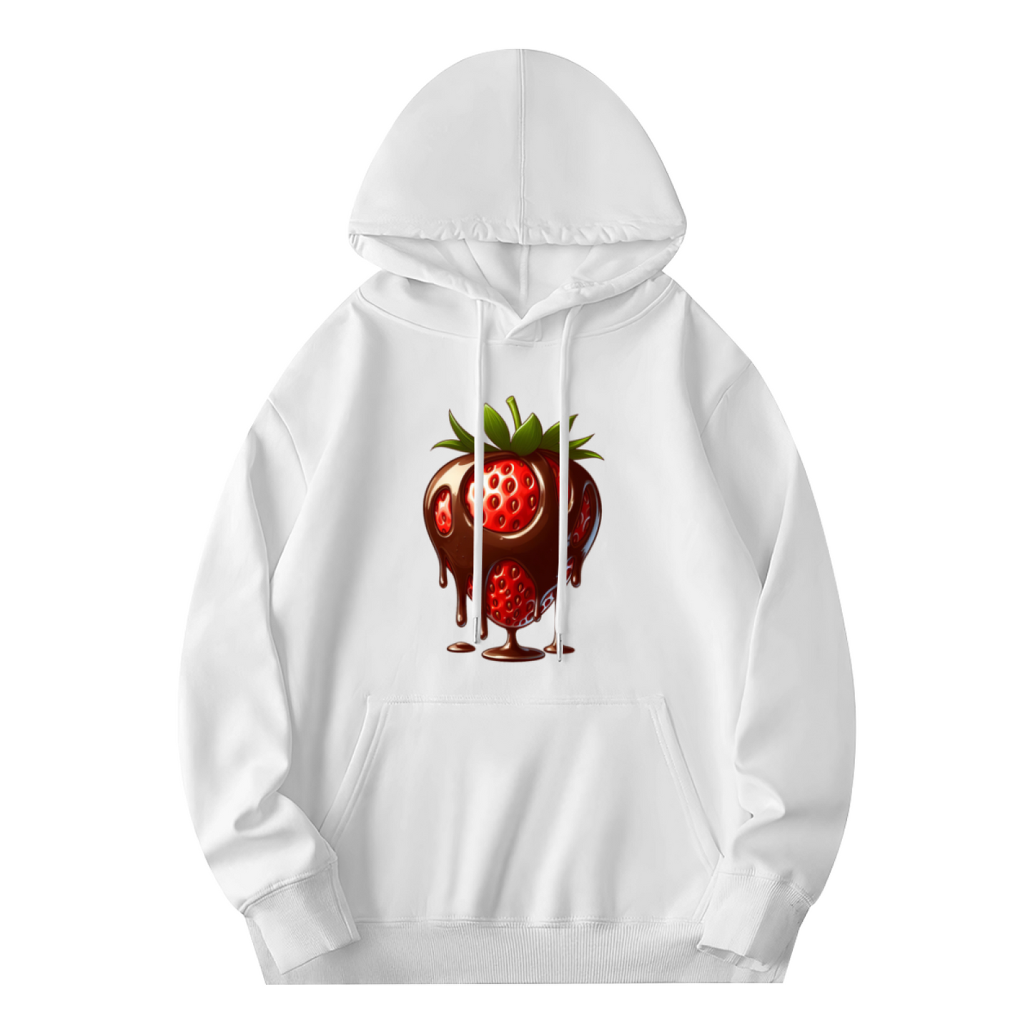 Cute Dripping Chocolate Strawberry White Hoodie, Soft Comfort Sweet Daily Wear