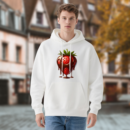 Cute Dripping Chocolate Strawberry White Hoodie, Soft Comfort Sweet Daily Wear