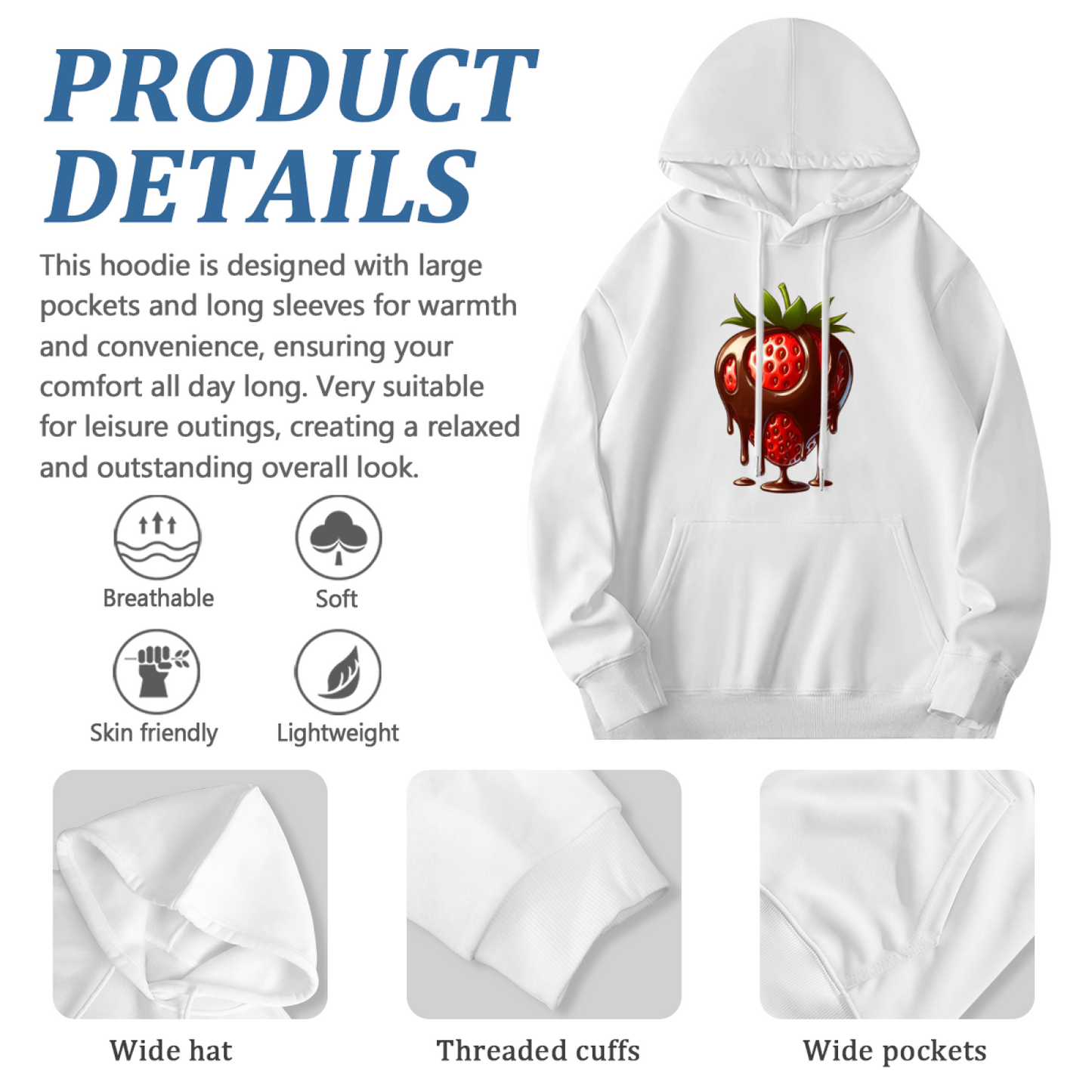 Cute Dripping Chocolate Strawberry White Hoodie, Soft Comfort Sweet Daily Wear