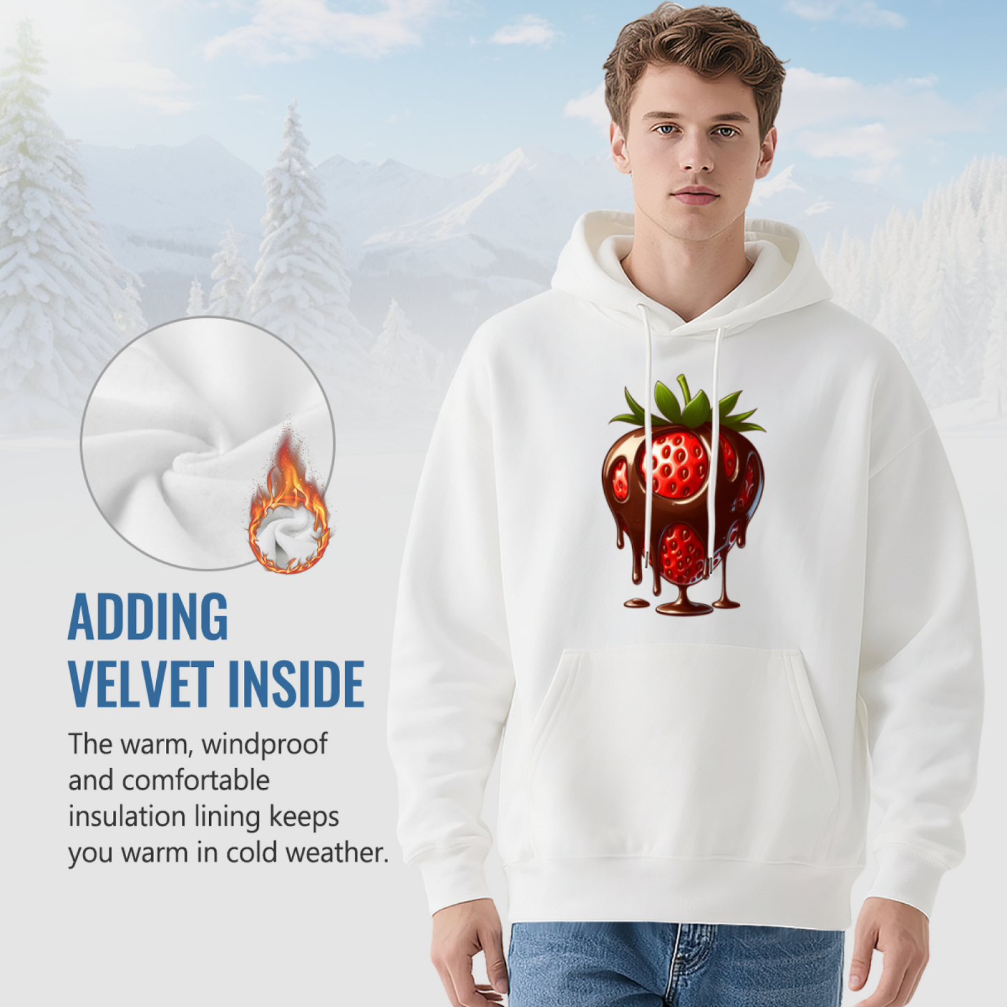 Cute Dripping Chocolate Strawberry White Hoodie, Soft Comfort Sweet Daily Wear