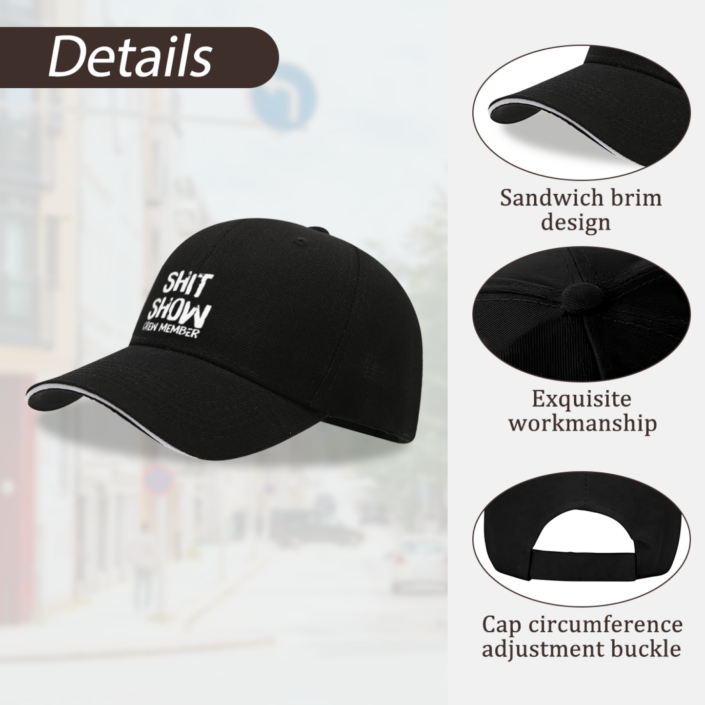 Sarcastic Shit Show Crew Member Text Black Sandwich Baseball Cap, Funny Meme Casual Hat